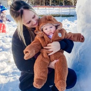 Plush hooded bear baby footie onesie